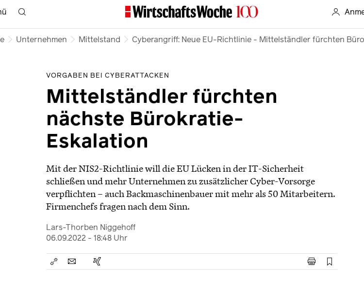 Screenshot WirtschaftsWoche: „Mittelständler fürchten nächste Bürokratie-Eskalation“